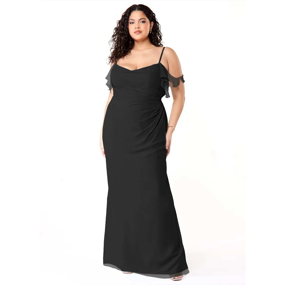 Azazie Emeralda Black Sheath Off the Shoulder Chiffon Dress Size 12